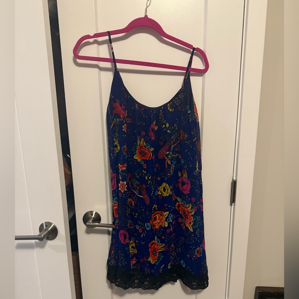 Blue floral tank dress with lace detailing